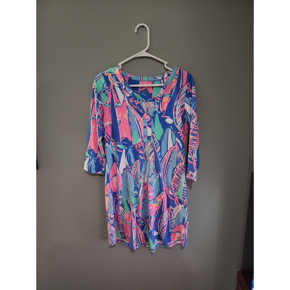Lilly Pulitzer Etta Dress Womens Small Blue Pink Sailboat Print Pima Cotton 3/4